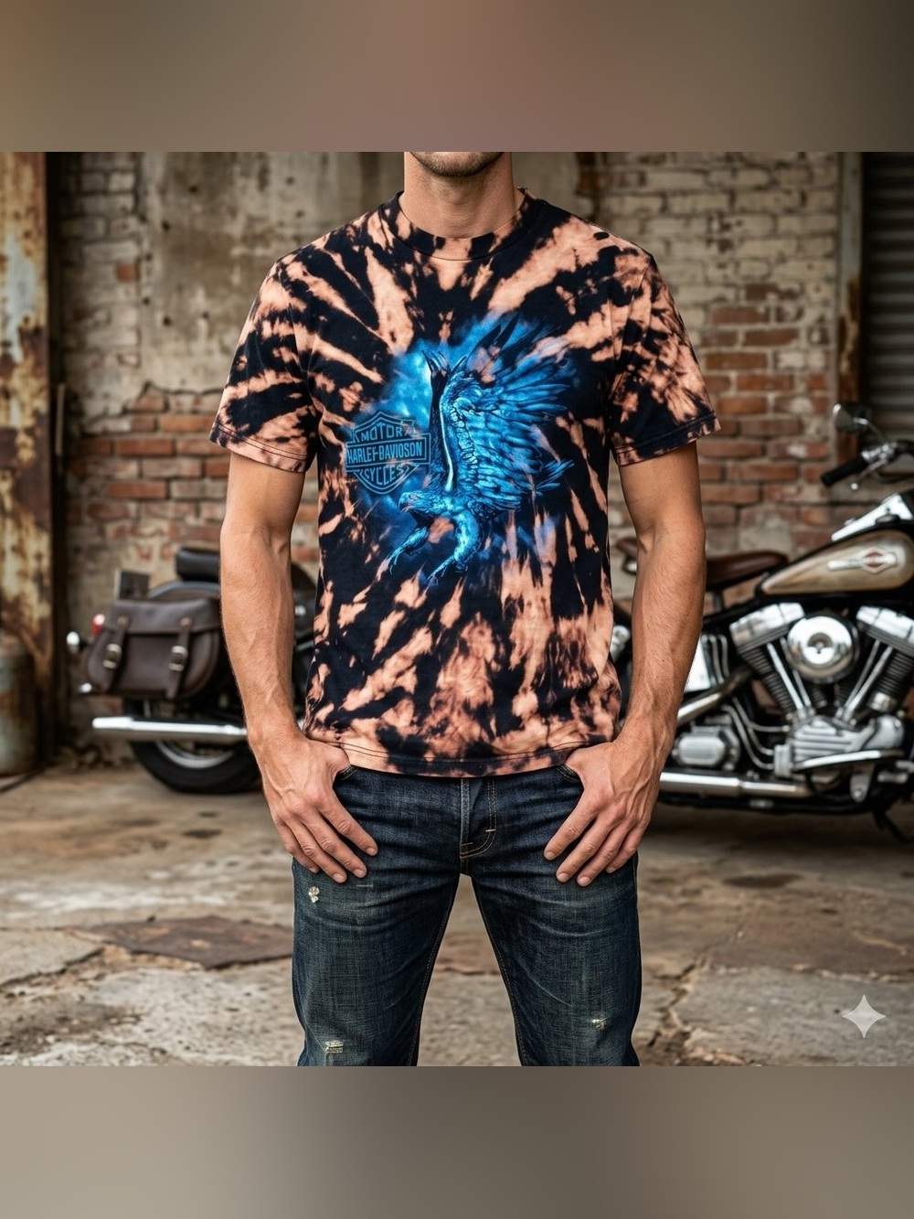 Harley-Davidson Vintage Bleach Tie Dye Blue Eagle Tee Large